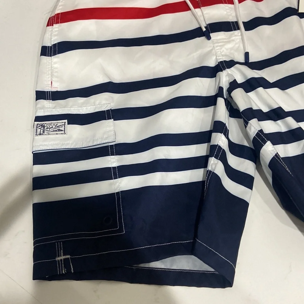 Polo Ralph Lauren Swim Trunks Mens Small Blue White Red Striped Board Shorts NWT - Picture 3 of 15